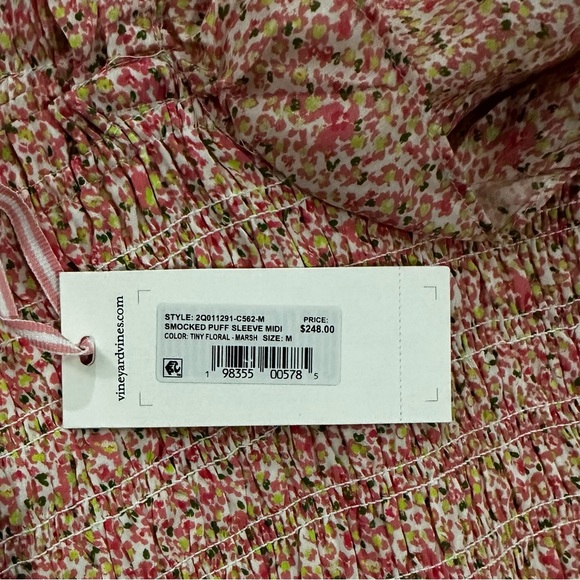 NWT - Vineyard Vines Pink Cotton Silk Floral Smocked Puff‎ Sleeve Dress - Size M - Picture 9 of 10